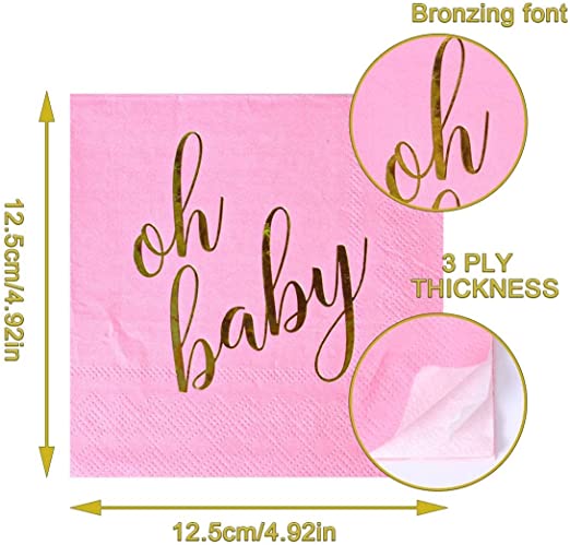 100 Pcs "Oh Baby" Pink Napkins - Girl Baby Shower - 3-Ply