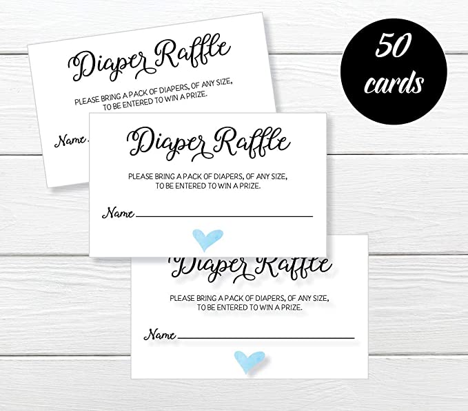 50 Diaper Raffle Ticket Lottery Insert Cards for Blue Boy Heart Baby Shower Invitations, Supplies and Games for Baby Gender Reveal Party, Bring a Pack of Diapers to Win Favors, Gifts Prizes (50-Cards)