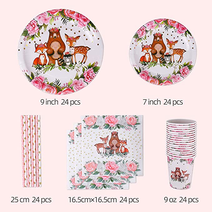 Gold Foil Girl Woodland Party Supplies, 24 Guests Dinner Plates, Dessert Plates, Cups, Gold Straws and Napkins for Baby Shower and Birthday Party, Forest Animal Friends Theme Party Supplies Pink