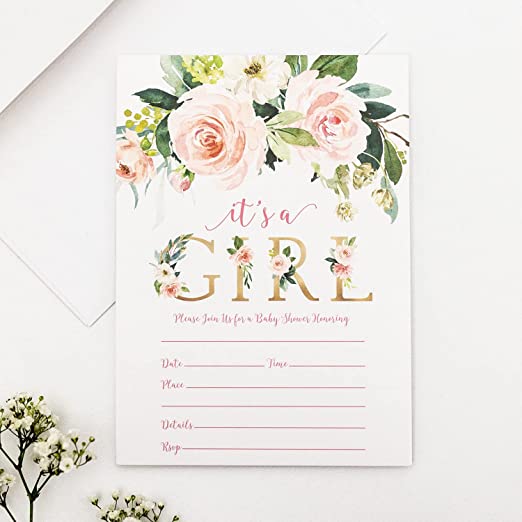 25 Pink It's A Girl Baby Shower Invitations and Envelopes (Large Size 5x7)