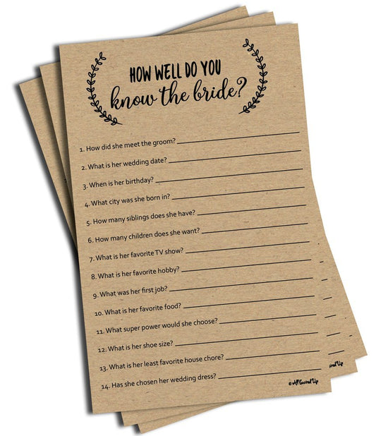 How Well Do You Know The Bride - Kraft (50-Sheets) Rustic Bridal Wedding Shower or Bachelorette Party Game, Who Knows The Bride Best Couples Guessing Question Pack Engagement (Large Sheet Size)