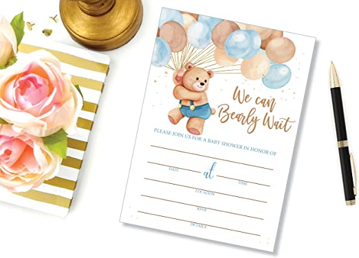 25 Teddy Bear Balloon Up Up and Away Can Bearly Wait Boy Baby Shower Invitations (Large Size 5X7 inches), Diaper Raffle Tickets, Baby Shower Book Request Cards with Envelopes Invites for Boys Baby Showers