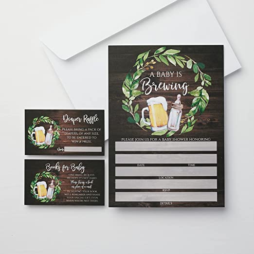 Set of 25 Dark Wood Brewing Baby Shower Invitations with Diaper Raffle Tickets, Book Request Cards and Envelopes- Neutral Baby Shower Invites- Rustic Baby Shower Invitation Cards- couples shower co-ed Large 5X7 inches