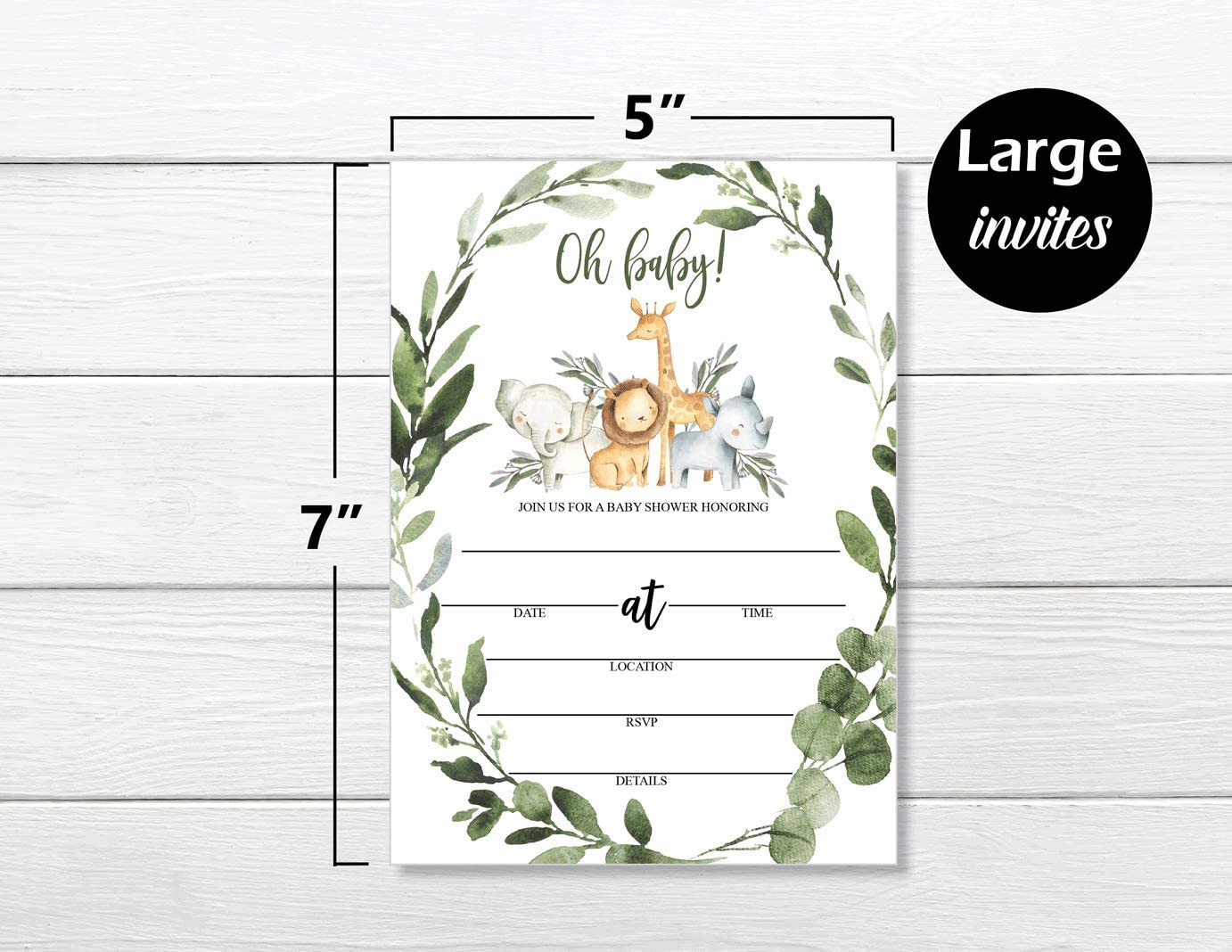 25 Wreath Safari Greenery Baby Shower Invitations (Large Size 5X7 inches), Diaper Raffle Tickets, Baby Shower Book Request Cards with Envelopes Jungle Animal Invites for Boy Neutral Baby Showers