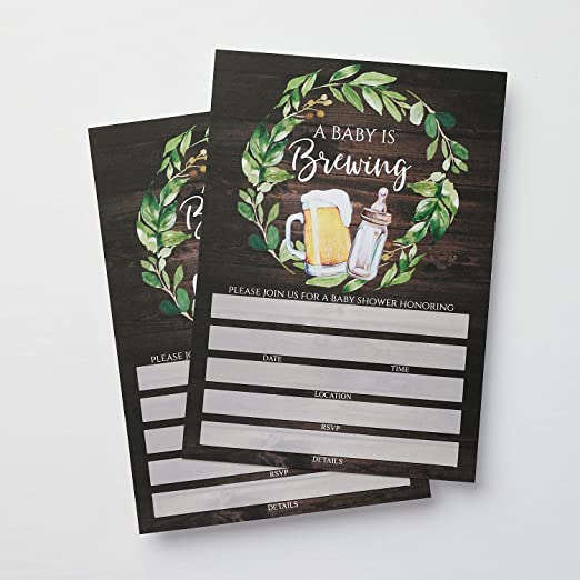 Set of 25 Dark Wood Brewing Baby Shower Invitations with Diaper Raffle Tickets, Book Request Cards and Envelopes- Neutral Baby Shower Invites- Rustic Baby Shower Invitation Cards- couples shower co-ed Large 5X7 inches