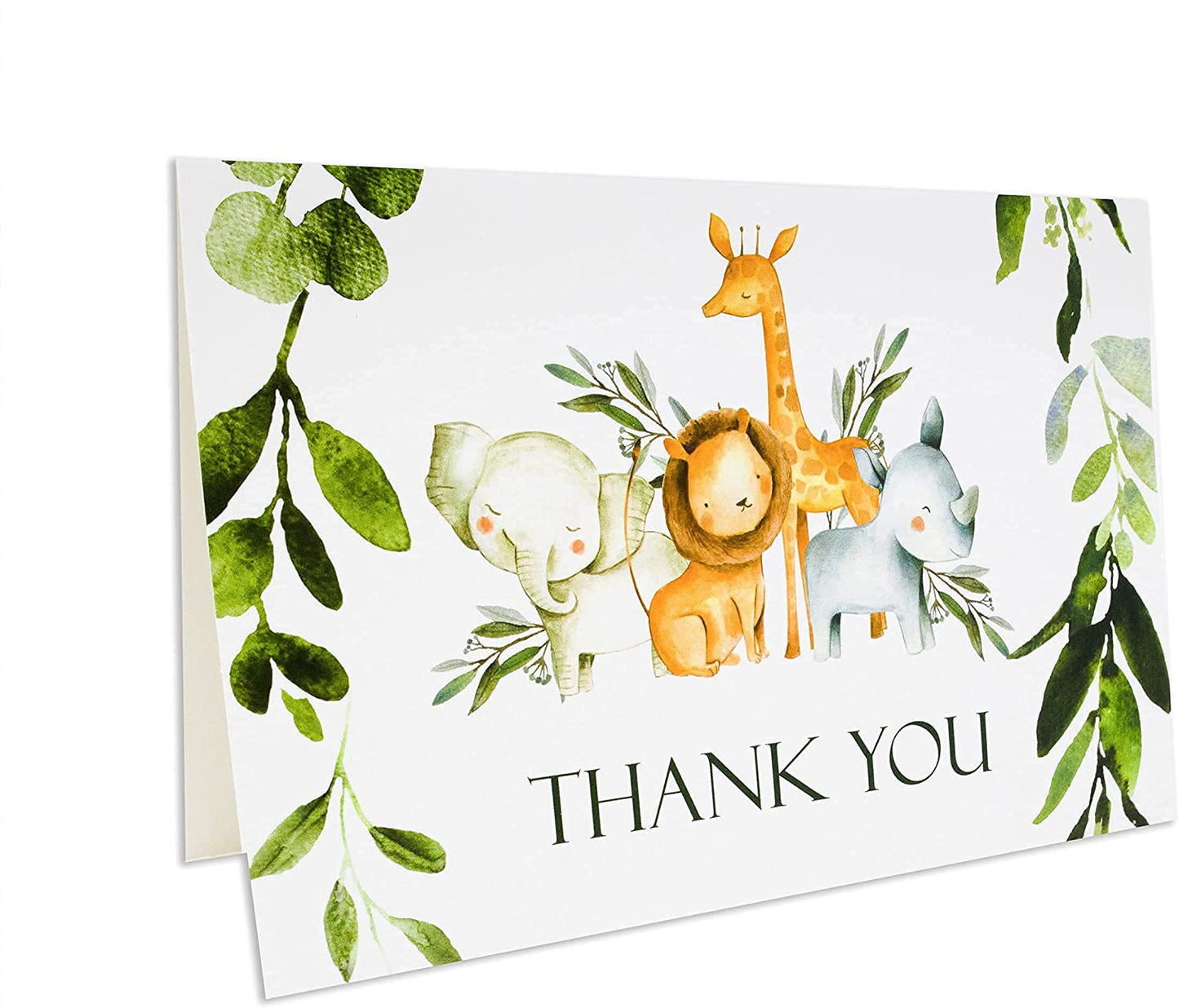 50 Pack Jungle Safari Greenery Thank You Cards, Cute Thank You Notes with Envelopes &amp; Stickers, Baby Shower, Birthday any Occasion