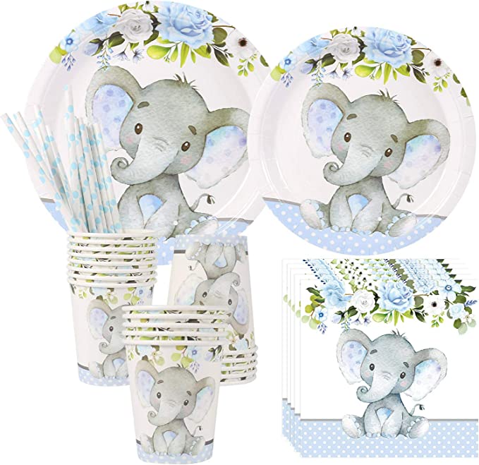 Elephant Baby Shower | Serves 24 | Blue Elephant Party Supplies Decorations | Elephant Baby Shower or Birthday for Little Boy | Dinner Plates, Dessert Plates, Cups, Straws and Napkins