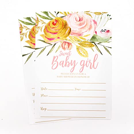 50 Pink Blush Sweet Baby Girl Shower Invitations and Envelopes (Large Size 5x7)