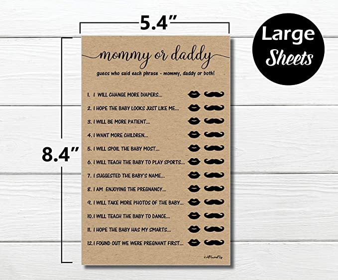 50 Mommy or Daddy? Who Said It Game Sheets Kraft Rustic (50-sheets) Fun Baby Shower Game Activity