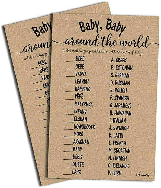 50 Baby Around the World Baby Shower Game Kraft Rustic (50-sheets) Baby Shower, Gender Reveal, Party Game Ideas (Large Sheet Size)