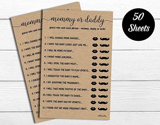 50 Mommy or Daddy? Who Said It Game Sheets Kraft Rustic (50-sheets) Fun Baby Shower Game Activity