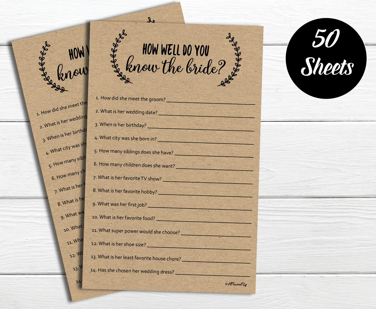 How Well Do You Know The Bride - Kraft (50-Sheets) Rustic Bridal Wedding Shower or Bachelorette Party Game, Who Knows The Bride Best Couples Guessing Question Pack Engagement (Large Sheet Size)