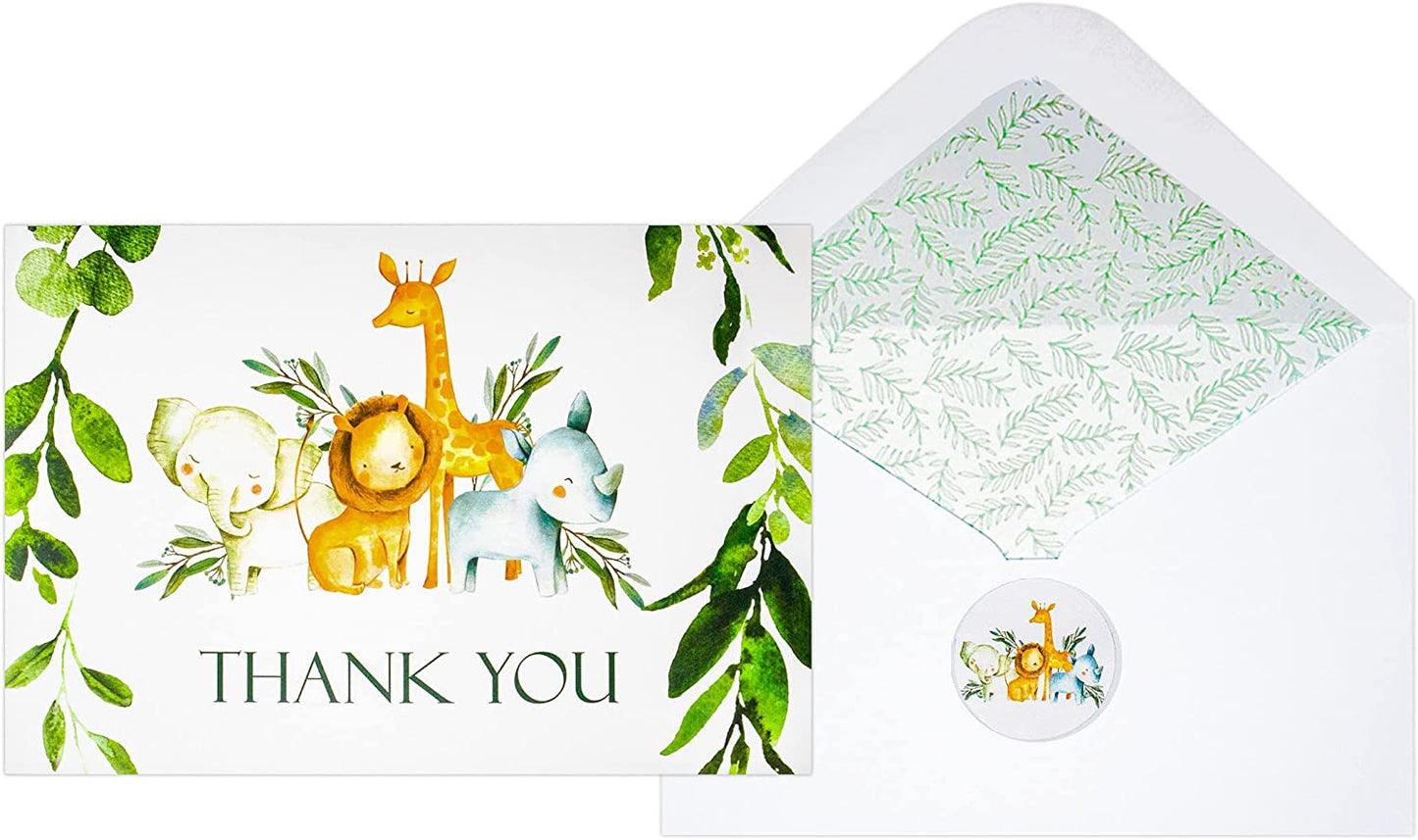 50 Pack Jungle Safari Greenery Thank You Cards, Cute Thank You Notes with Envelopes &amp; Stickers, Baby Shower, Birthday any Occasion