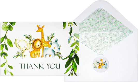 50 Pack Jungle Safari Greenery Thank You Cards, Cute Thank You Notes with Envelopes &amp; Stickers, Baby Shower, Birthday any Occasion