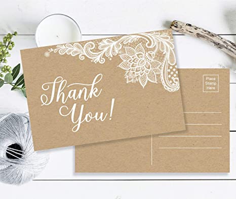 50 Thank You Postcards - Rustic Kraft Lace (50-Cards) Stationery Set for Wedding, Bridesmaid, Bridal Baby Shower, Teachers, Appreciation, Religious, Business, Holidays