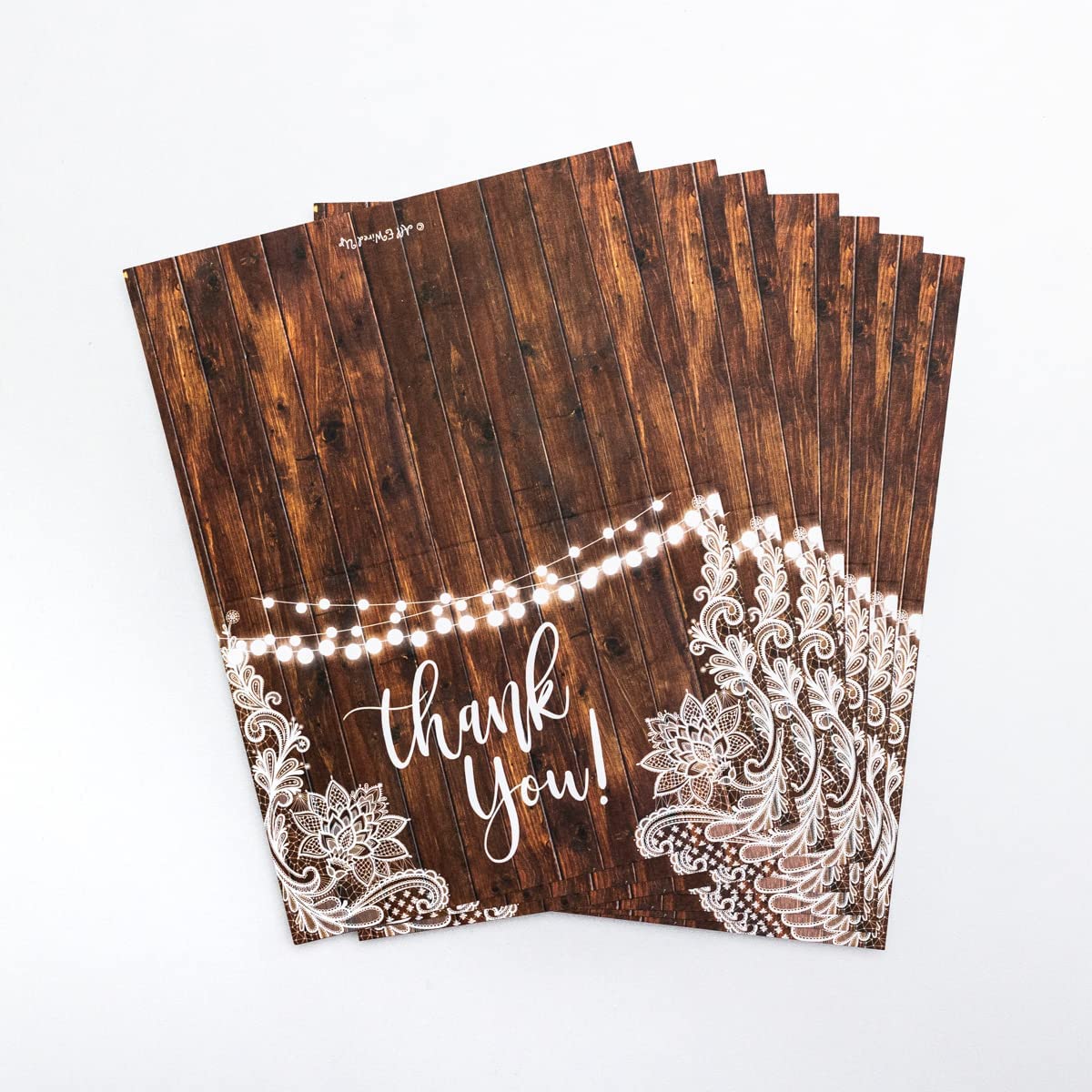 25 Lace Wood String of Lights Rustic Folded Thank You Cards with Envelopes, 4x6 Folded, Tented, Bulk, Perfect for: Wedding, Bridal Shower, Baby Shower, Birthday or Special Event