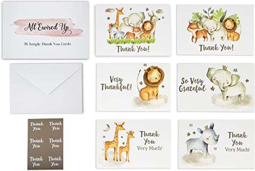 36 Safari Thank You Cards With Envelopes and Stickers, Kids or Baby Shower Thank You Note, Jungle Greenery Gold 4x6 Varied Zoo Animal Giraffe Gratitude Card Pack For Party, Girl Boy Children Birthday Stationery