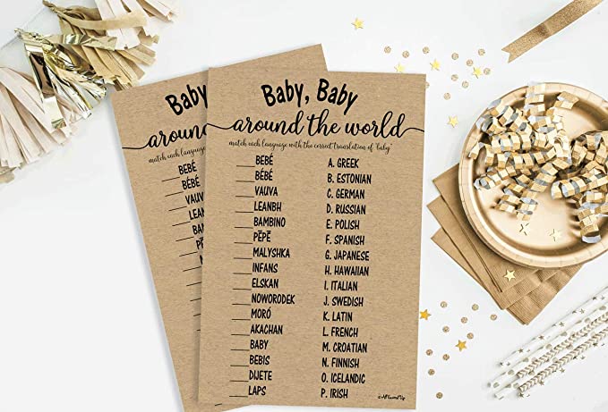 50 Baby Around the World Baby Shower Game Kraft Rustic (50-sheets) Baby Shower, Gender Reveal, Party Game Ideas (Large Sheet Size)