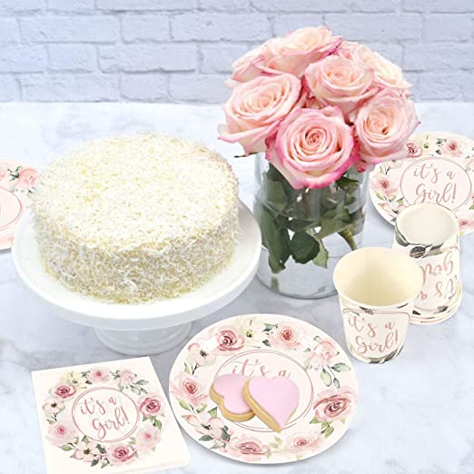 Rose Gold Foil It's a Girl Paper Plates, 24 Guests, Dinner Plates, Dessert Plates, 9 oz Cups, Gold Paper Straws and Napkins for Baby Shower and Birthday Party, Party Supplies Decoration