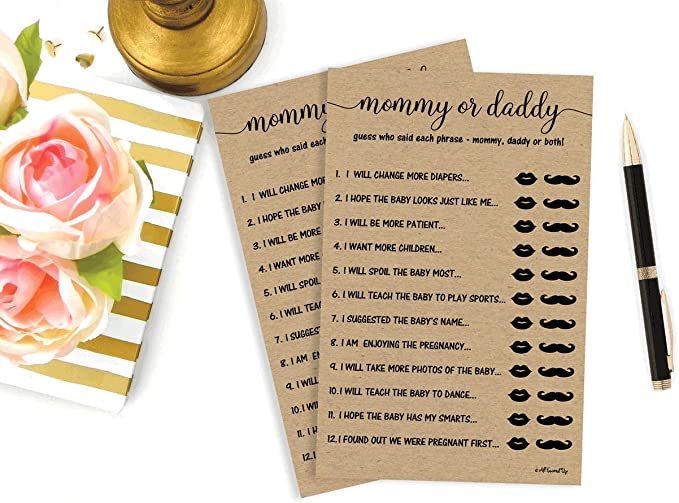 50 Mommy or Daddy? Who Said It Game Sheets Kraft Rustic (50-sheets) Fun Baby Shower Game Activity