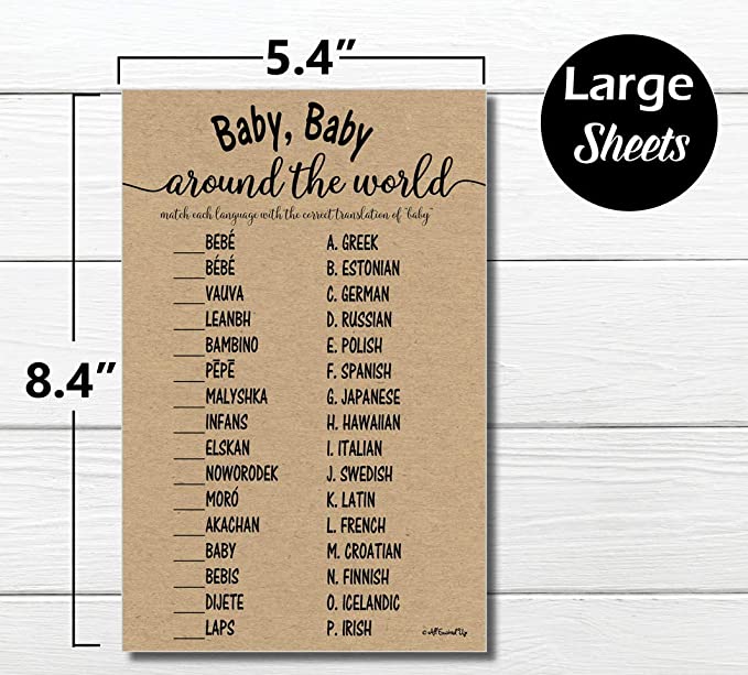 50 Baby Around the World Baby Shower Game Kraft Rustic (50-sheets) Baby Shower, Gender Reveal, Party Game Ideas (Large Sheet Size)