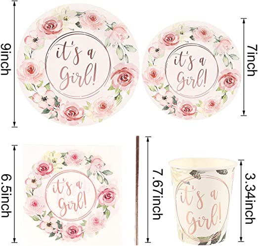 Rose Gold Foil It's a Girl Paper Plates, 24 Guests, Dinner Plates, Dessert Plates, 9 oz Cups, Gold Paper Straws and Napkins for Baby Shower and Birthday Party, Party Supplies Decoration