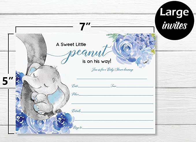 25 Elephant Jungle Baby Shower Invitations and Envelopes (Large Size 5X7 INCHES), 25 Diaper Raffle Tickets, 25 Baby Shower Book Request Cards, Floral Blue Elephant Animal Invites for Boy Baby Showers