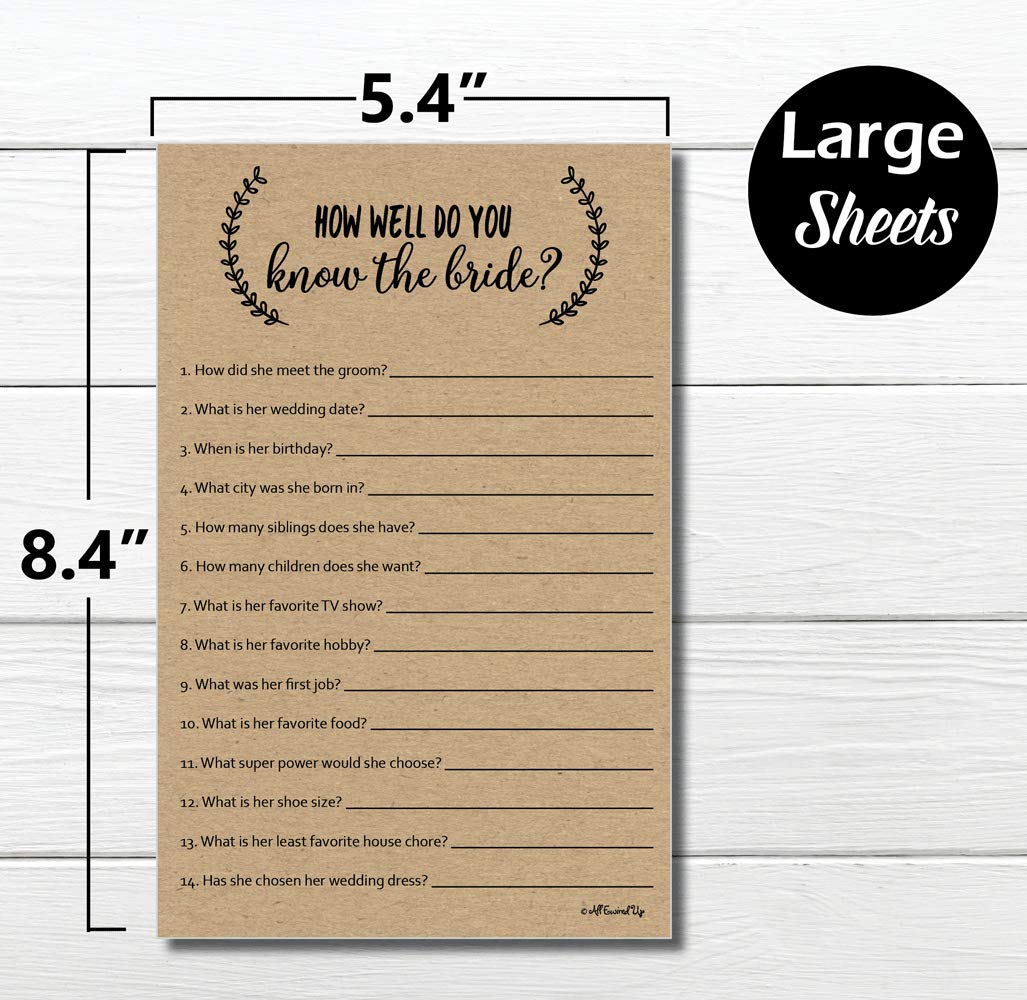 How Well Do You Know The Bride - Kraft (50-Sheets) Rustic Bridal Wedding Shower or Bachelorette Party Game, Who Knows The Bride Best Couples Guessing Question Pack Engagement (Large Sheet Size)