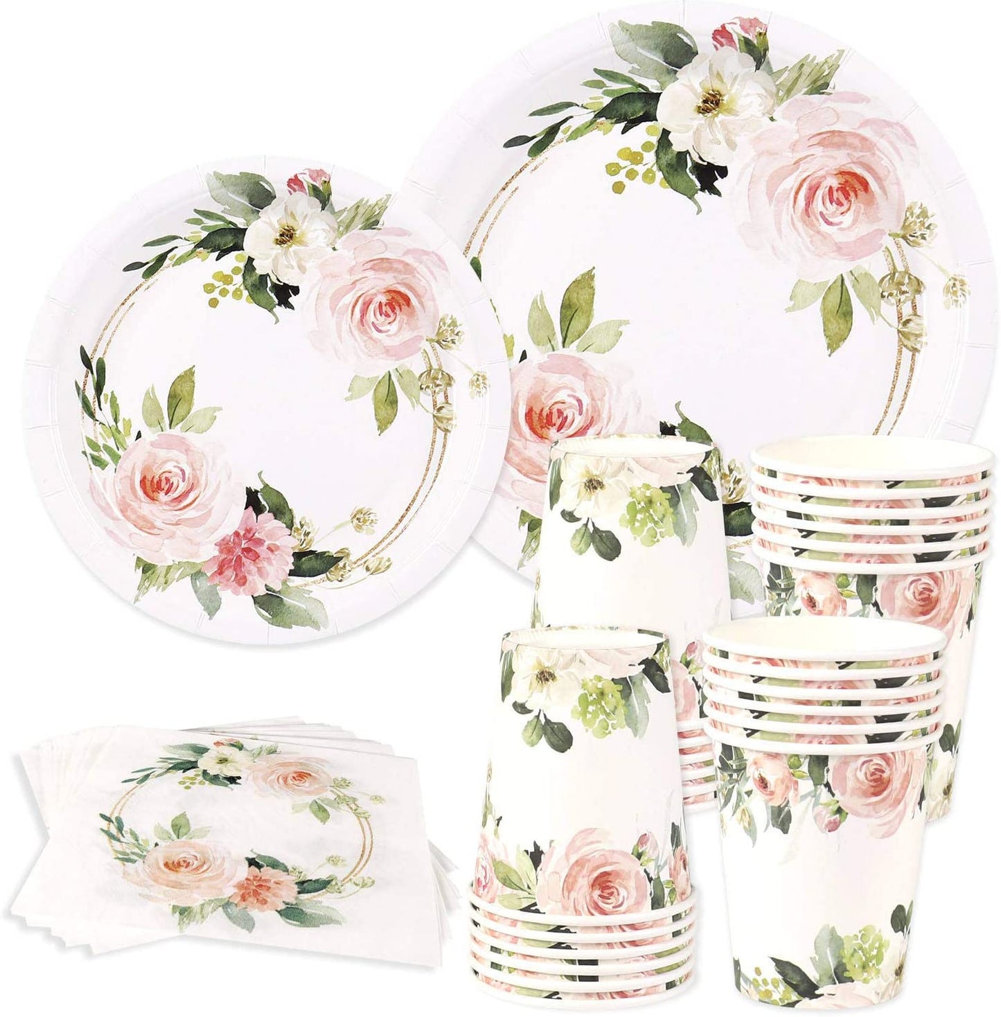 Floral Paper Plates, 24 Guests, Dinner Plates, Dessert Plates, 9 oz Cups, Gold Paper Straws and Napkins for Baby Shower and Birthday Party, Party Supplies Decoration