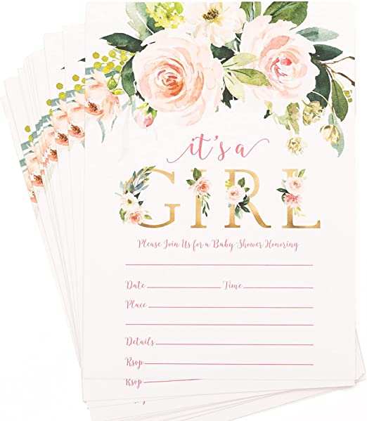 25 Pink It's A Girl Baby Shower Invitations and Envelopes (Large Size 5x7)