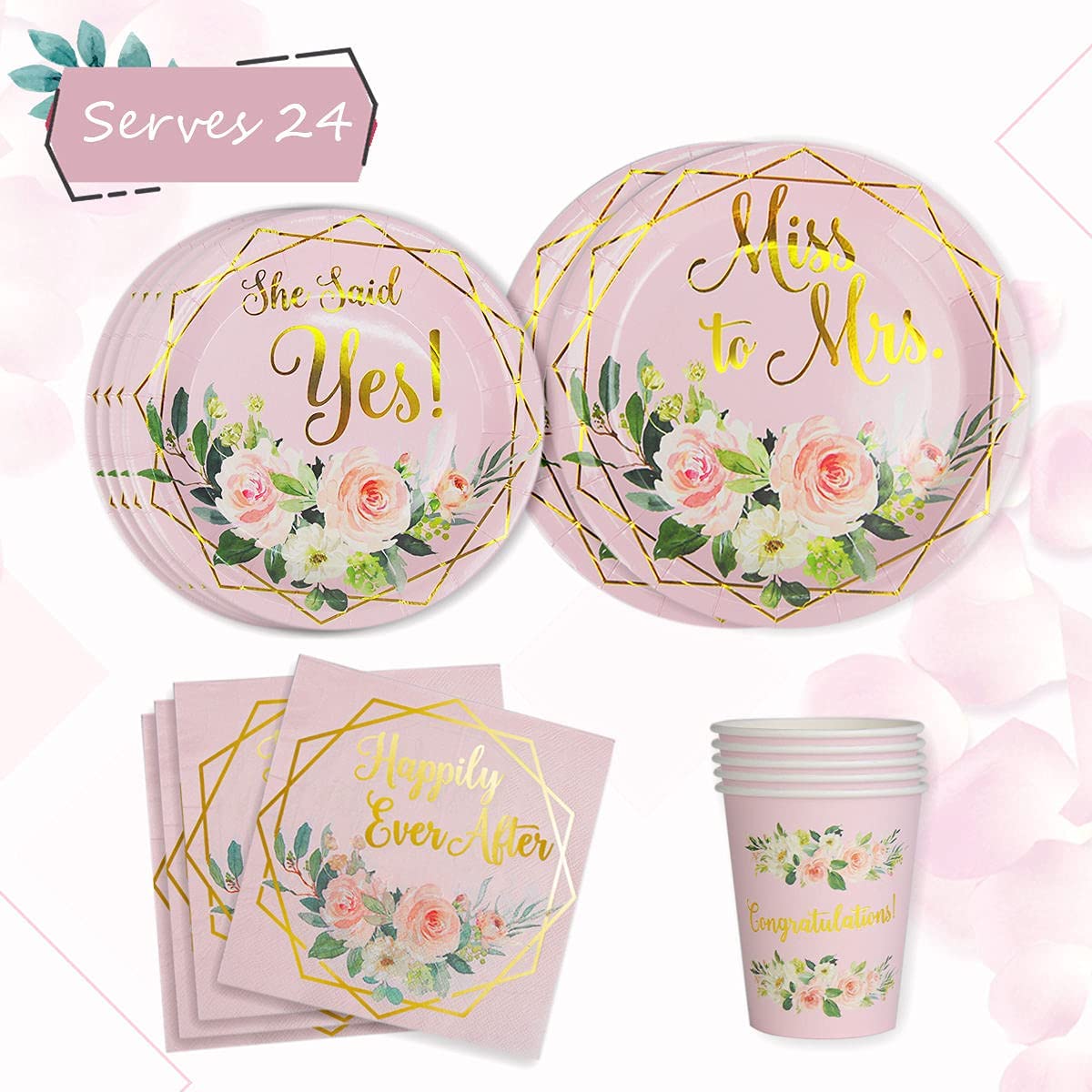 Gold Foil Miss To Mrs Party Supplies Tableware Set 24 9" Dinner Plates 24 7" Dessert Plate 24 9 Oz Cups 24 Lunch Napkins Gold for Engagement Wedding Disposable Paper Goods Bridal Shower Dinnerware