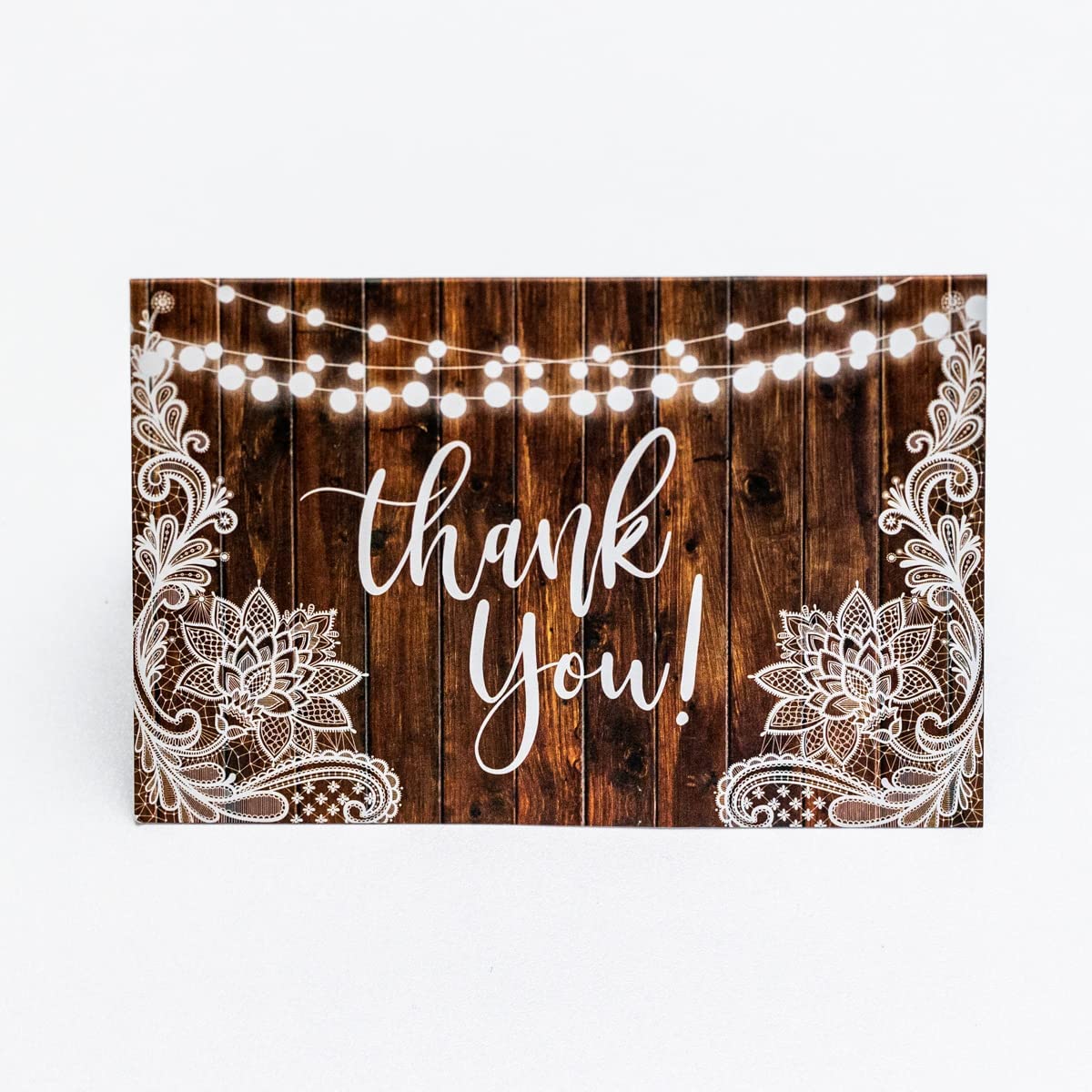 25 Lace Wood String of Lights Rustic Folded Thank You Cards with Envelopes, 4x6 Folded, Tented, Bulk, Perfect for: Wedding, Bridal Shower, Baby Shower, Birthday or Special Event