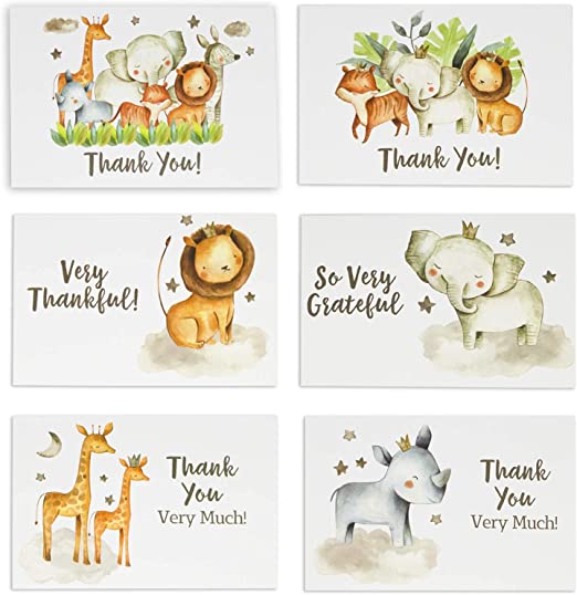 36 Safari Thank You Cards With Envelopes and Stickers, Kids or Baby Shower Thank You Note, Jungle Greenery Gold 4x6 Varied Zoo Animal Giraffe Gratitude Card Pack For Party, Girl Boy Children Birthday Stationery