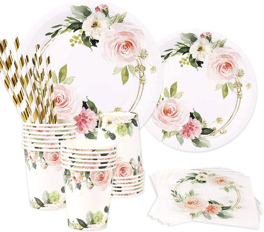 Floral Paper Plates, 24 Guests, Dinner Plates, Dessert Plates, 9 oz Cups, Gold Paper Straws and Napkins for Baby Shower and Birthday Party, Party Supplies Decoration