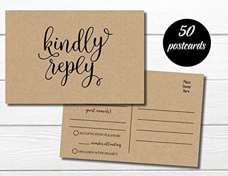 50 RSVP Rustic - Kraft Kindly Reply - Postcards - Any Occasion - Response Card, RSVP Reply, RSVP Kit for Wedding, Rehearsal, Baby Bridal Shower, Birthday, Retirement Party