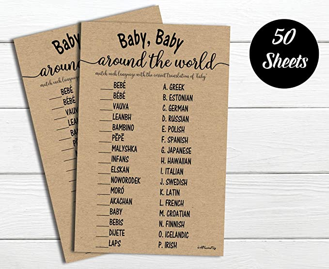 50 Baby Around the World Baby Shower Game Kraft Rustic (50-sheets) Baby Shower, Gender Reveal, Party Game Ideas (Large Sheet Size)