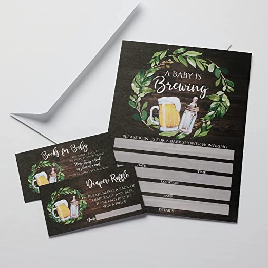 Set of 25 Dark Wood Brewing Baby Shower Invitations with Diaper Raffle Tickets, Book Request Cards and Envelopes- Neutral Baby Shower Invites- Rustic Baby Shower Invitation Cards- couples shower co-ed Large 5X7 inches