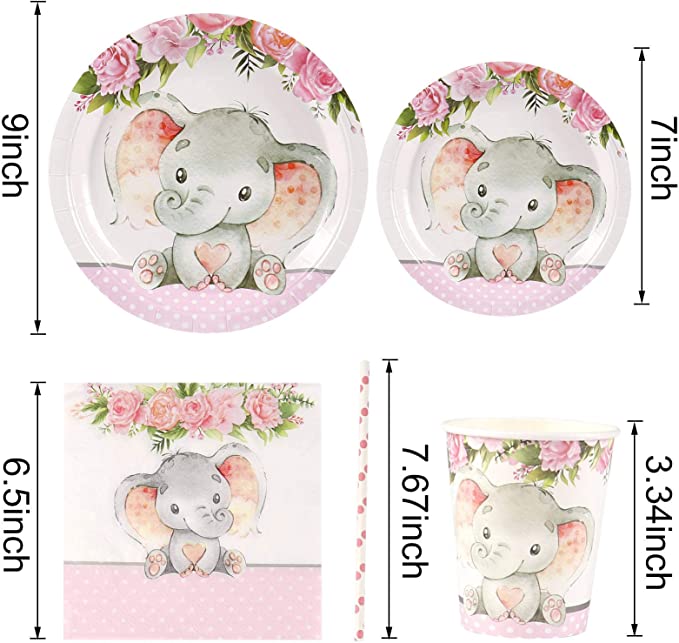 Elephant Baby Shower | Serves 24 | Pink Elephant Party Supplies Decorations | Elephant Baby Shower or Birthday for Little Girl | Dinner Plates, Dessert Plates, Cups, Straws and Napkins