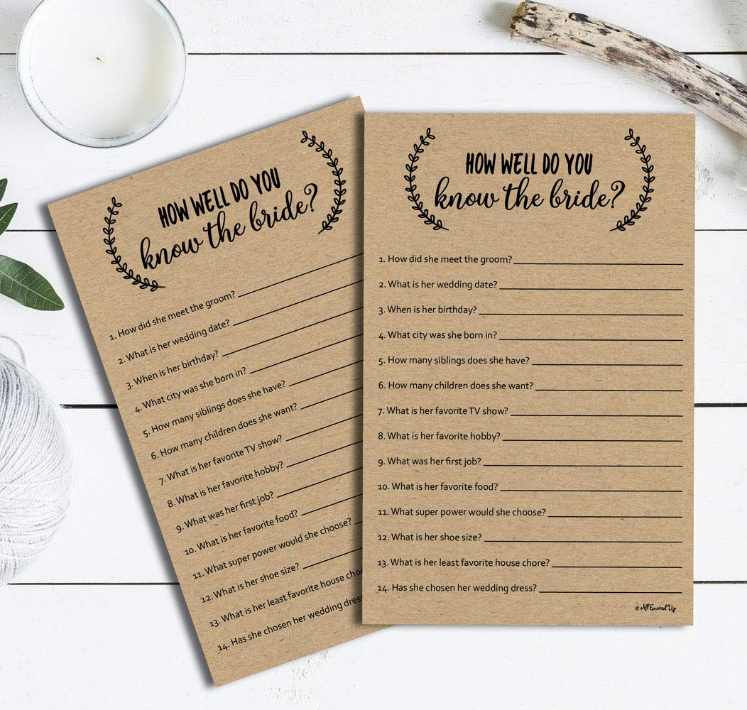 How Well Do You Know The Bride - Kraft (50-Sheets) Rustic Bridal Wedding Shower or Bachelorette Party Game, Who Knows The Bride Best Couples Guessing Question Pack Engagement (Large Sheet Size)