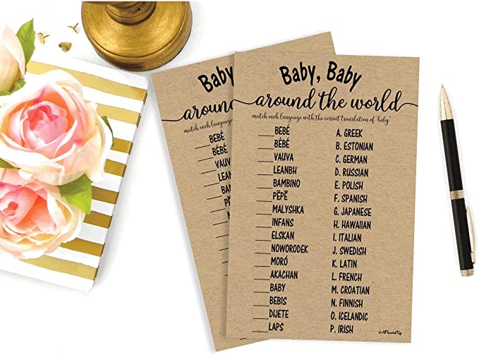 50 Baby Around the World Baby Shower Game Kraft Rustic (50-sheets) Baby Shower, Gender Reveal, Party Game Ideas (Large Sheet Size)