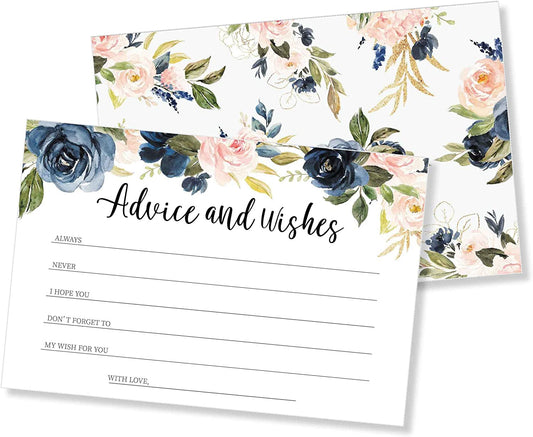 Set of 50 Advice and Wishes Cards - Double Sided Navy Pink Floral Cards, For Bride and Groom, Baby Shower, Bridal Shower, Wedding Shower, Couples Shower, Graduation Party, Anniversary, Retirement Party