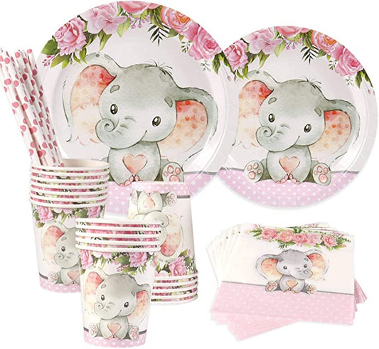 Elephant Baby Shower | Serves 24 | Pink Elephant Party Supplies Decorations | Elephant Baby Shower or Birthday for Little Girl | Dinner Plates, Dessert Plates, Cups, Straws and Napkins