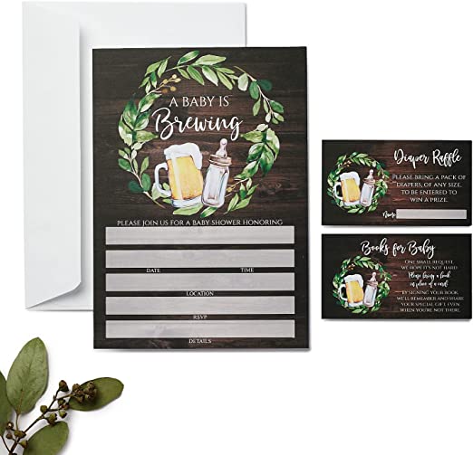 Set of 25 Dark Wood Brewing Baby Shower Invitations with Diaper Raffle Tickets, Book Request Cards and Envelopes- Neutral Baby Shower Invites- Rustic Baby Shower Invitation Cards- couples shower co-ed Large 5X7 inches