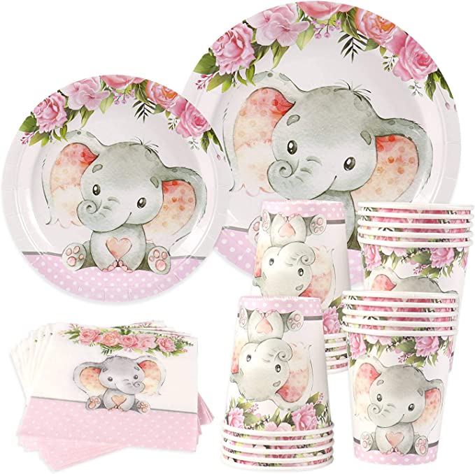 Elephant Baby Shower | Serves 24 | Pink Elephant Party Supplies Decorations | Elephant Baby Shower or Birthday for Little Girl | Dinner Plates, Dessert Plates, Cups, Straws and Napkins