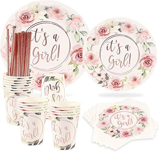 Rose Gold Foil It's a Girl Paper Plates, 24 Guests, Dinner Plates, Dessert Plates, 9 oz Cups, Gold Paper Straws and Napkins for Baby Shower and Birthday Party, Party Supplies Decoration