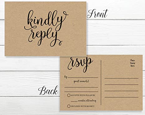 50 RSVP Rustic - Kraft Kindly Reply - Postcards - Any Occasion - Response Card, RSVP Reply, RSVP Kit for Wedding, Rehearsal, Baby Bridal Shower, Birthday, Retirement Party