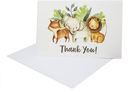 36 Safari Thank You Cards With Envelopes and Stickers, Kids or Baby Shower Thank You Note, Jungle Greenery Gold 4x6 Varied Zoo Animal Giraffe Gratitude Card Pack For Party, Girl Boy Children Birthday Stationery