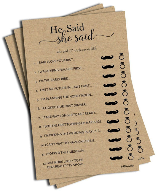 50 He Said She Said Bridal Shower Game Kraft Rustic (50-Sheets) Wedding Bridal Shower Engagement Bachelorette Anniversary Party Game Ideas (Large Sheet Size)