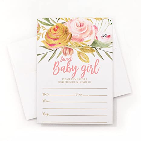 50 Pink Blush Sweet Baby Girl Shower Invitations and Envelopes (Large Size 5x7)