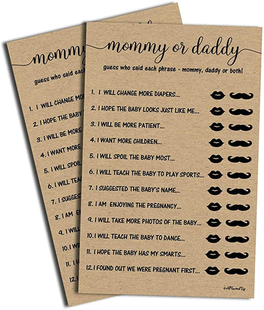 50 Mommy or Daddy? Who Said It Game Sheets Kraft Rustic (50-sheets) Fun Baby Shower Game Activity